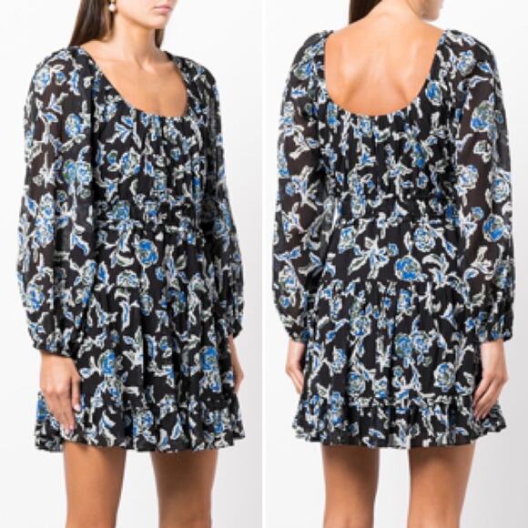 TANYA TAYLOR Edita Fit & Flare Mini Dress Floral Blue Long Sleeve Flowy Sm NEW - Picture 7 of 15